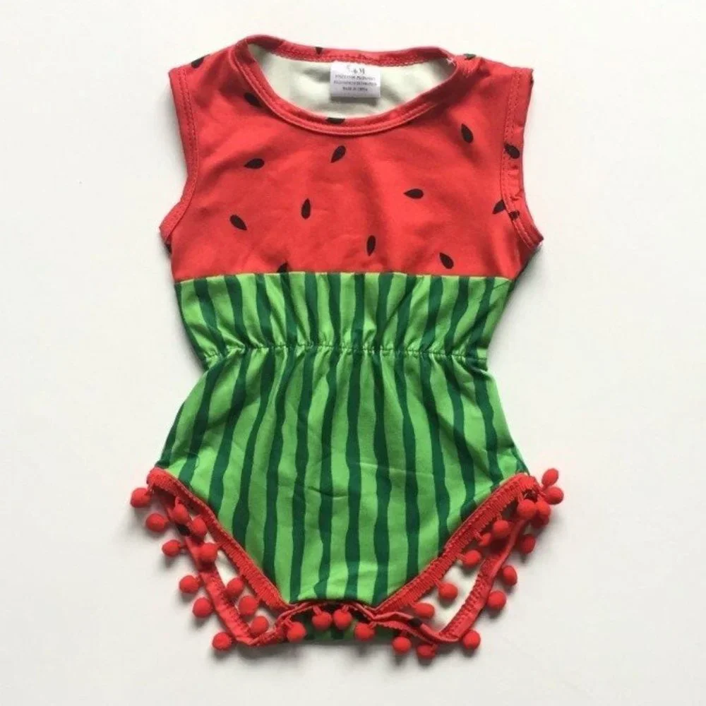 Boutique Watermelon Baby Girls Pom Pom Bodysuit Romper Jumpsuit